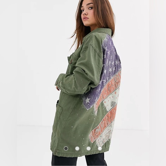 FREE PEOPLE Sz S SPRUCE MILITARY SHIRT JACKET AMERICAN FLAG ARMY GREEN Was $228 - Picture 17 of 17